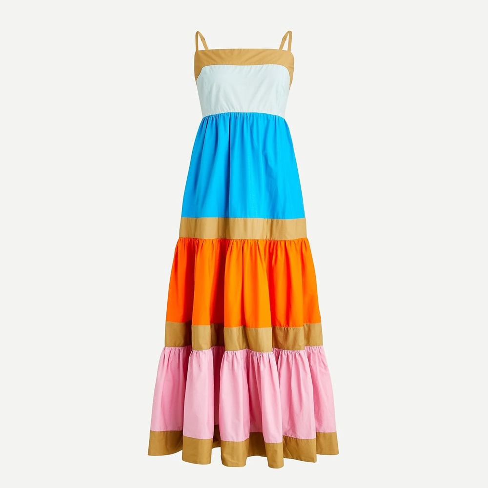 Cotton Poplin tiered maxi dress in color block